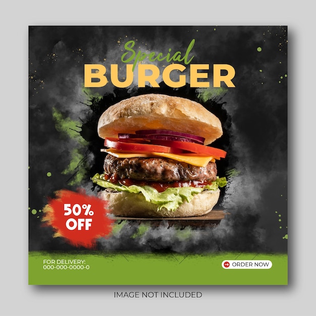 PSD szablon postu w mediach społecznościowych ze specjalnym motywem burgera
