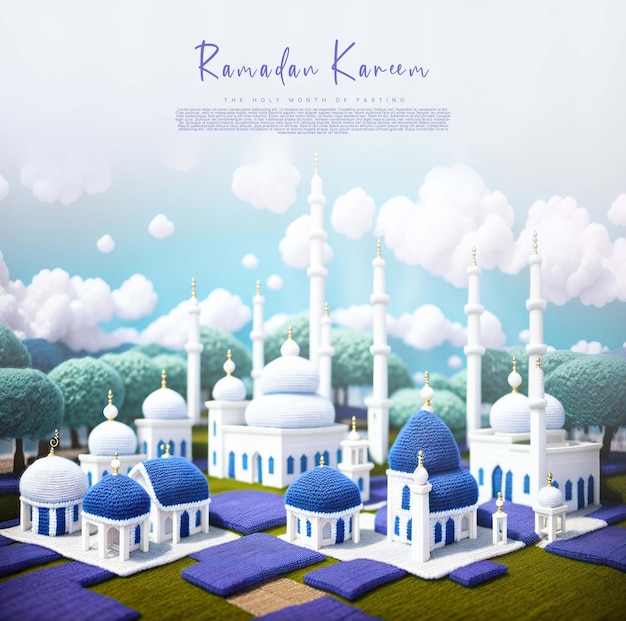 Szablon pozdrowienia Ramadan Kareem z generatywnym ai tła błękitnego nieba meczetu