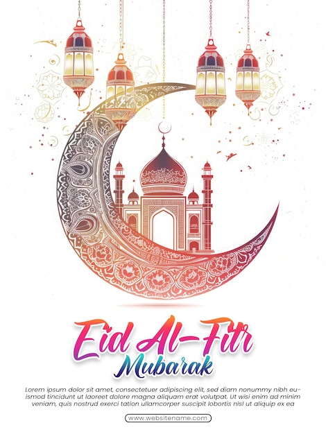 PSD szablon projektowania pozdrowienia eid al fitr mubarak z luksusowym półksiężycem i latarnią