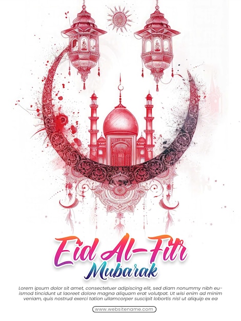 PSD szablon projektowania pozdrowienia eid al fitr mubarak z luksusowym półksiężycem i latarnią