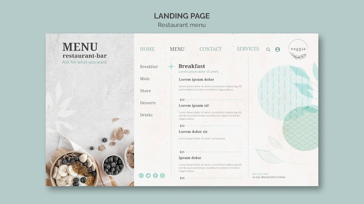 PSD szablon strony docelowej menu restauracji