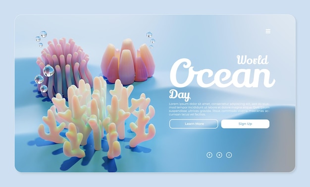 Szablon Strony Docelowej światowego Dnia Oceanu Z Coral Reef 3d Render Illustration