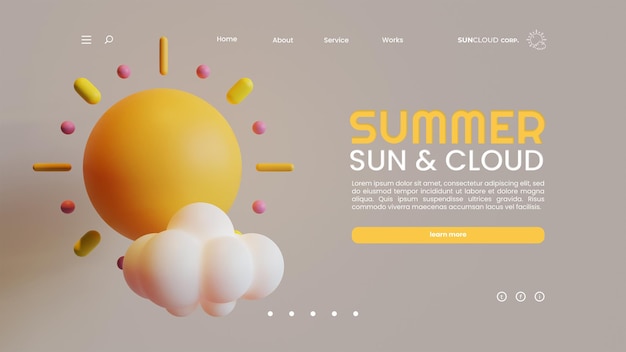 Szablon Summer Landing Page Z Renderowaniem 3d Słońca I Chmury Cloud