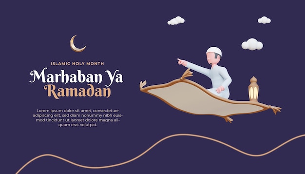 PSD szablon transparentu marhaban ya ramadan z 3d muzułmańskim charakterem i latającym dywanem