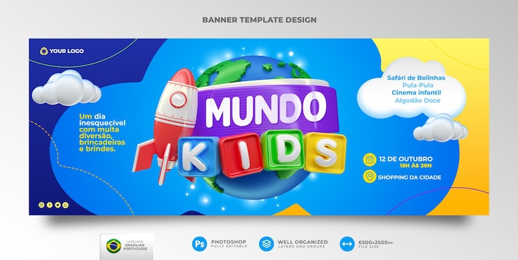 PSD szablon transparentu świata dla dzieci w renderowaniu 3d dla kampanii marketingowej w brazylii w języku portugalskim