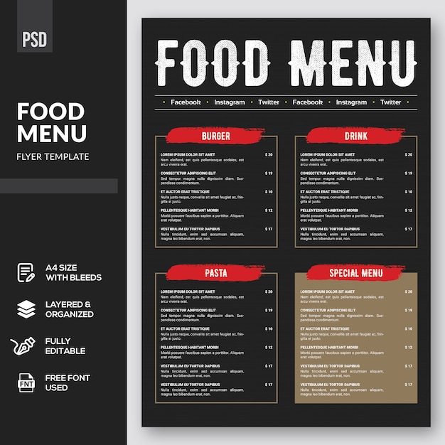 PSD szablon ulotki menu żywności