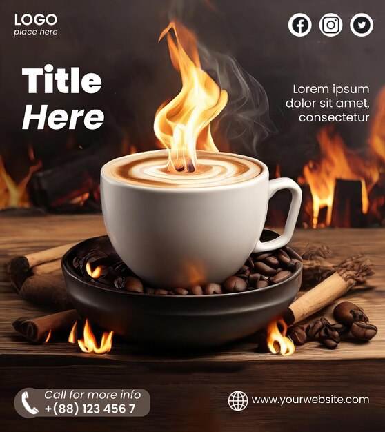 PSD szablon ulotki premium z ilustracją kawy i ognia