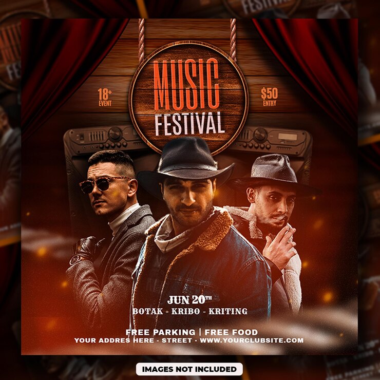 PSD szablon ulotki psd music festival event post w mediach społecznościowych z czerwonym kolorem i drewnianym tłem
