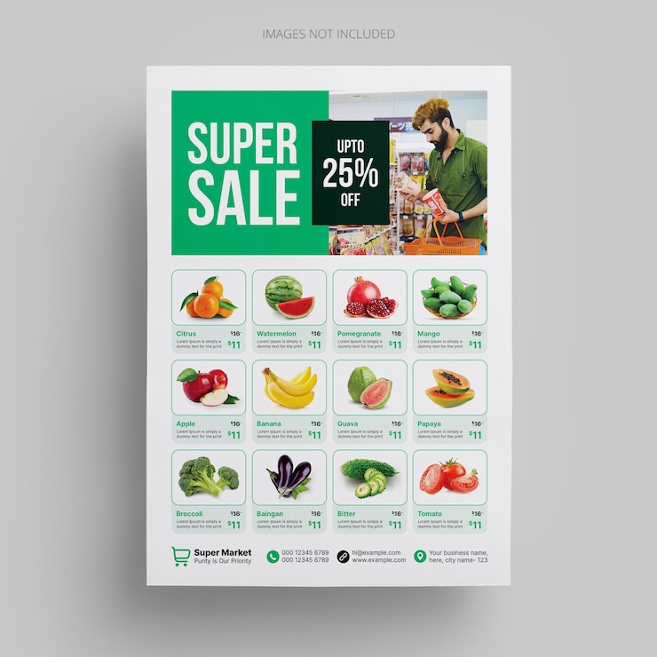 PSD szablon ulotki supermarketu do promocji produktów owocowych i warzywnych z plakatem rabatowym