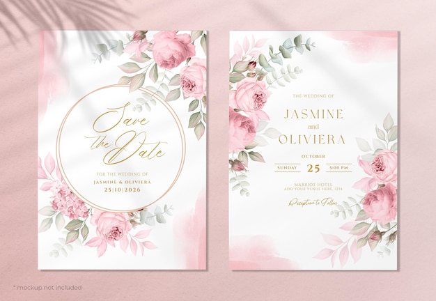 PSD szablon zaproszenia ślubnego z pięknymi dekoracjami róż i liści