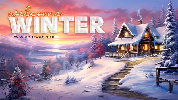 PSD szablon zimowej baner powitalny z drewnianym domem w zimowym krajobrazie