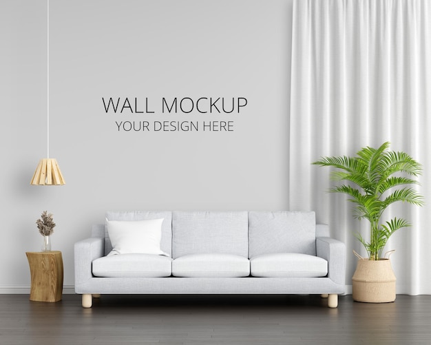 Szara sofa we wnętrzu salonu z makietą ścienną