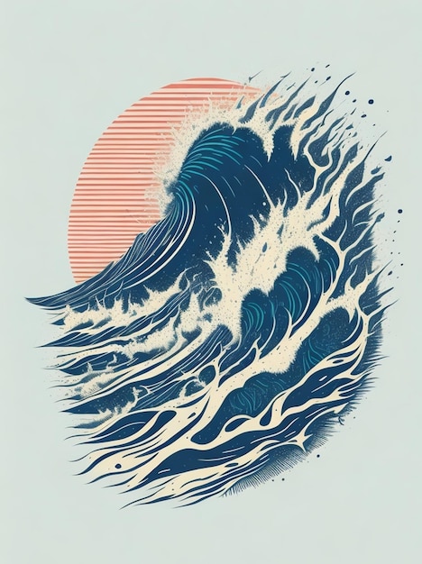 Szczegółowa Ilustracja Zachód Słońca Na Plaży Błękitne Fale Morskie Raj Zachód Słońca światło Plakat Vintage