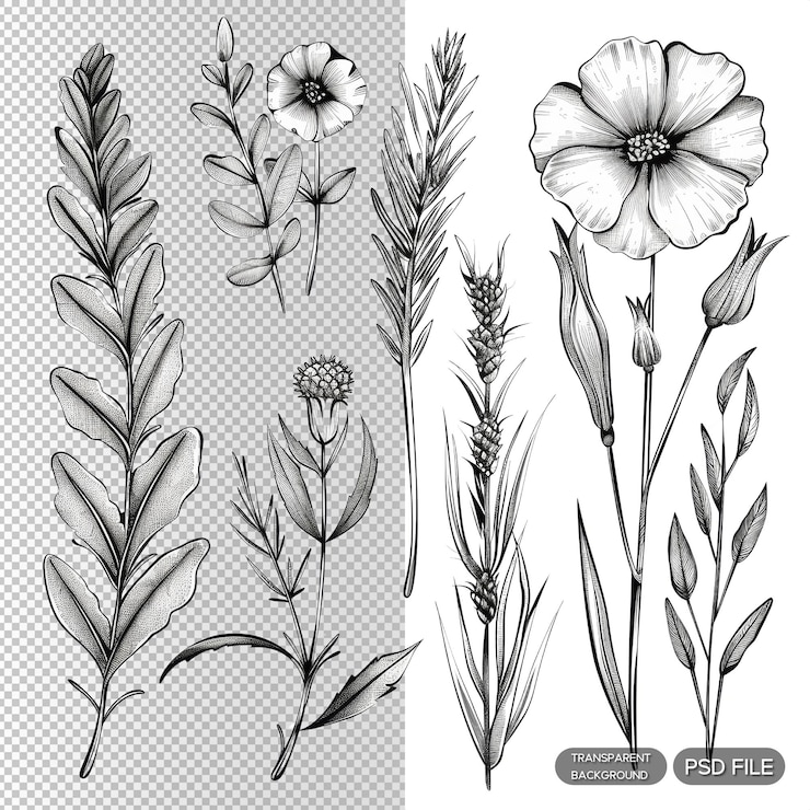 PSD szczegółowe ilustracje botaniczne różnych kwiatów i roślin w czarno-białym kolorze dla projektów przyrodniczych i naukowych