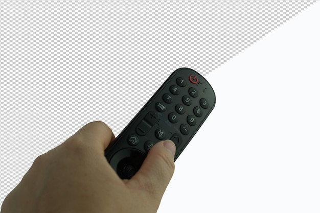 szczegóły ręki trzymającej i skierowanej do zdalnego sterowania telewizora