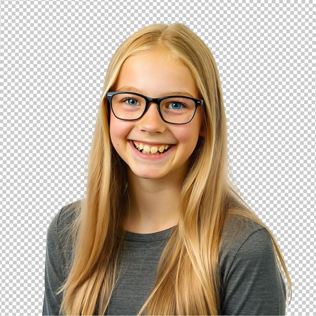 PSD szczęśliwa blond nastolatka nosząca okulary na przezroczystym tle