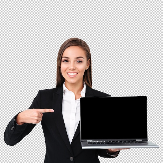 Szczęśliwa piękna bizneswoman pokazująca wyświetlacz laptopa