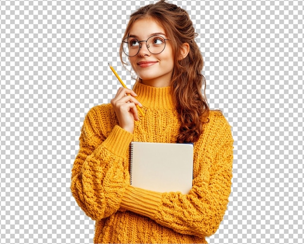 Szczęśliwa studentka w ciepłym swetrze trzymająca ołówek i notatki myśląco patrząc na biały tło