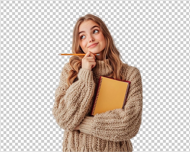 Szczęśliwa studentka w ciepłym swetrze trzymająca ołówek i notatki myśląco patrząc na biały tło