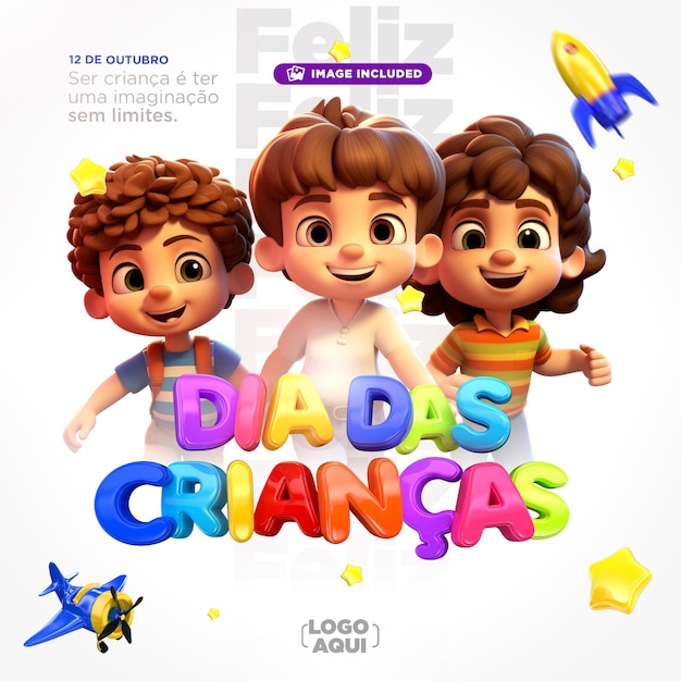 PSD szczęśliwego dnia dziecka opublikuj post w mediach społecznościowych w renderowaniu 3d dla kampanii marketingowej w brazylii w języku portugalskim