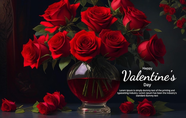 PSD szczęśliwego dnia walentynek bukiet czerwonych róż w przezroczystej szklanej wazonie