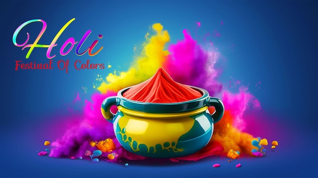 PSD szczęśliwego festiwalu holi gulaal splash kolorowy garnek i proszek