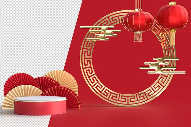 Szczęśliwego Nowego Chińskiego Roku. Realistyczne elementy projektu, podium ekspozycyjne, papierowy medalion wachlarza z chińską dekoracją. Orientalny styl azjatycki makiety wzorów. Renderowanie 3D