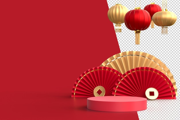 PSD szczęśliwego nowego chińskiego roku. realistyczne elementy projektu, podium ekspozycyjne, papierowy medalion wachlarza z chińską dekoracją. orientalny styl azjatycki makiety wzorów. renderowanie 3d