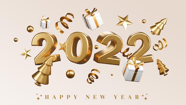 Szczęśliwego Nowego Roku 2022 Z Balonami Na Prezenty I Konfetti 3d Render Ilustracji