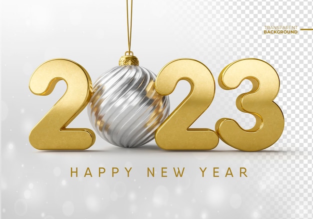 PSD szczęśliwego nowego roku 2023 3d renderowanie ze złotą kulą bożonarodzeniową z przezroczystym tłem szablonu projektu