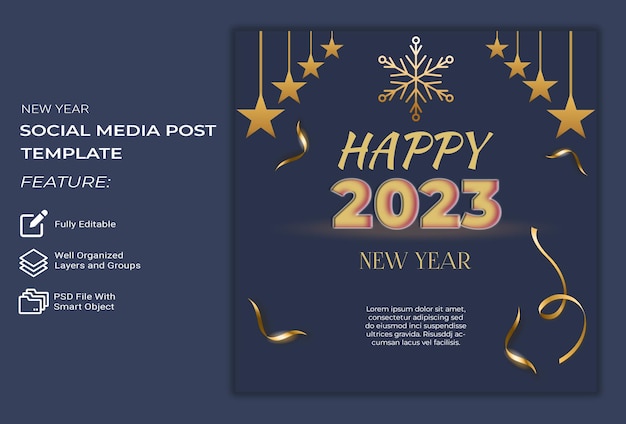 PSD szczęśliwego nowego roku 2023 baner społecznościowy psd szablon