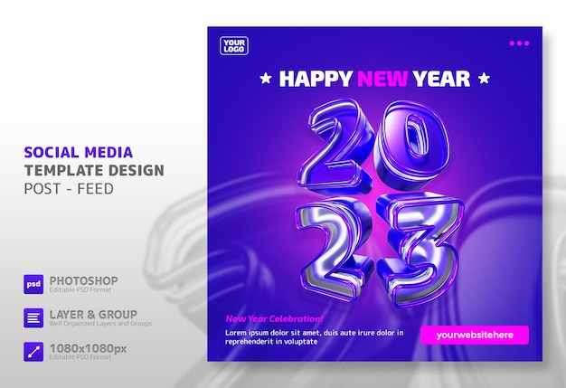 PSD szczęśliwego nowego roku 2023 wysokiej jakości renderowania 3d szablon postu w mediach społecznościowych