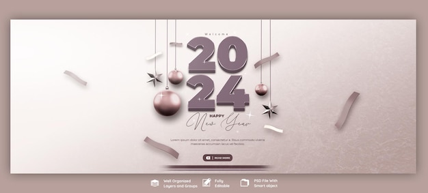 Szczęśliwego Nowego Roku 2024 świętowanie Facebook okładka post projekt lub szablon baneru