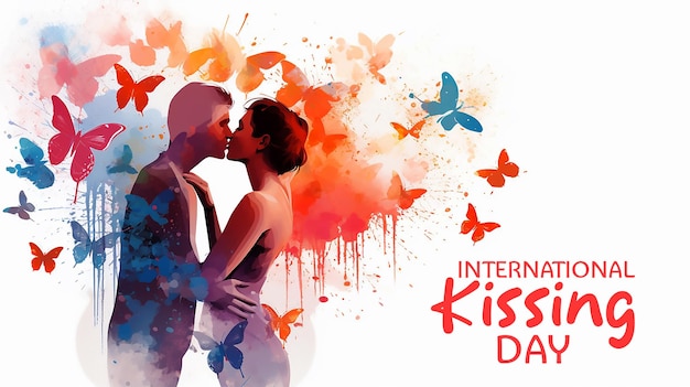Szczęśliwego światowego dnia pocałunku z dwoma zakochanymi całującymi się i inskrypcją