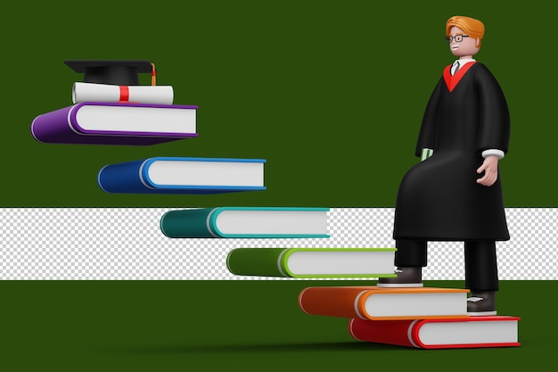 Szczęśliwy absolwent z dyplomem i kolorową książką renderowania 3d