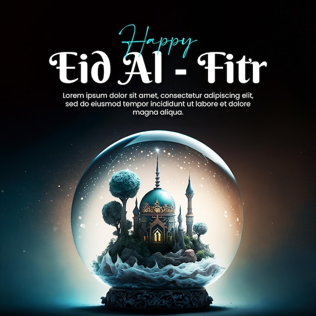 Szczęśliwy Baner Eid Alfitr Z Tłem Meczetu Wewnątrz Kryształowej Kuli Wygląda Bardzo Pięknie