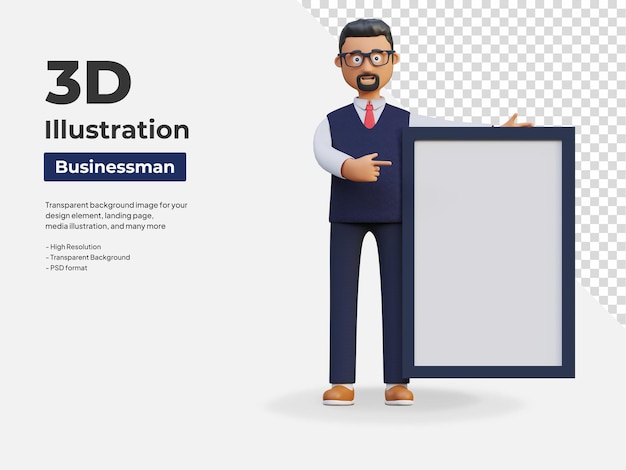 Szczęśliwy biznesmen trzyma pustą tablicę stronę 3d ilustracja postaci