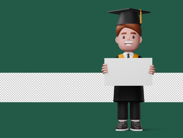 Szczęśliwy chłopiec ukończenia studiów trzyma książkę i dyplom renderowania 3d