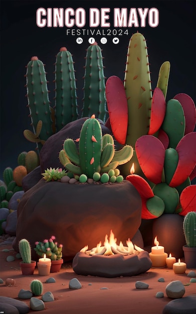 PSD szczęśliwy cinco de mayo z kaktusami i meksykańskim kapeluszem bokeh światła tło