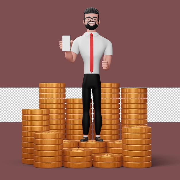 Szczęśliwy człowiek biznesu stojący na stosie pieniędzy z renderowaniem 3d pustego telefonu