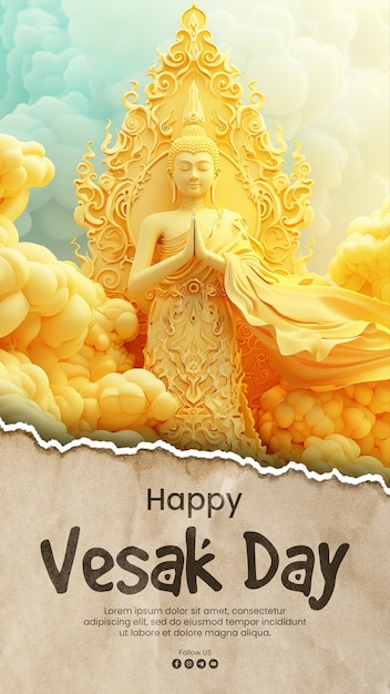 PSD szczęśliwy dzień vesak media społeczne post szablon z tajskim buddą postawa medytacji palma skierowana o