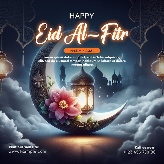 PSD szczęśliwy eid mubarak i eid ul fitr baner i plakat na mediach społecznościowych z latarnią latarni i księżyca