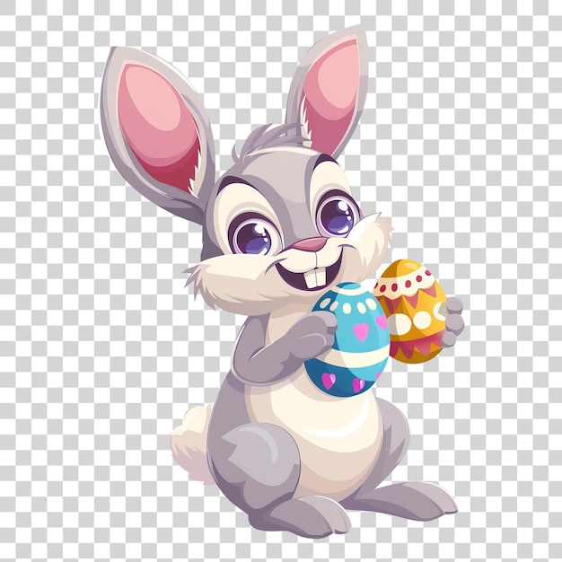 PSD szczęśliwy królik wielkanocny trzymający jaja w stylu kreskówki izolowany na przezroczystym tle png