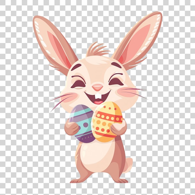 Szczęśliwy królik wielkanocny trzymający jaja w stylu kreskówki izolowany na przezroczystym tle PNG