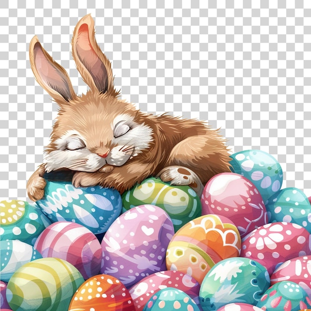 PSD szczęśliwy królik wielkanocny trzymający jaja w stylu kreskówki izolowany na przezroczystym tle png