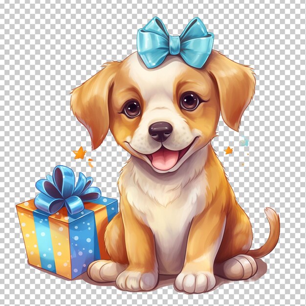 PSD szczęśliwy pies z prezentem i kością tematem imprezy urodzinowej kapelusz izolowana ilustracja zwierzęca na przezroczystym tle