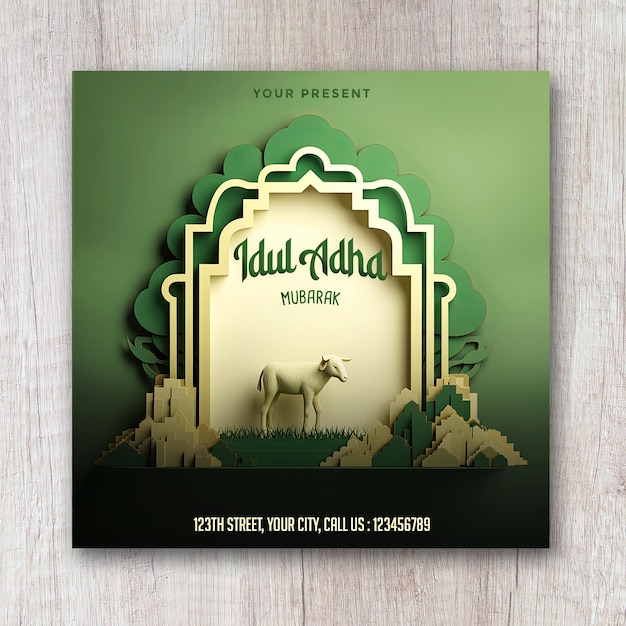 PSD szczęśliwy plakat eid adha z meczetem w tle i owcami w scenerii 3d w kolorze zielonego złota