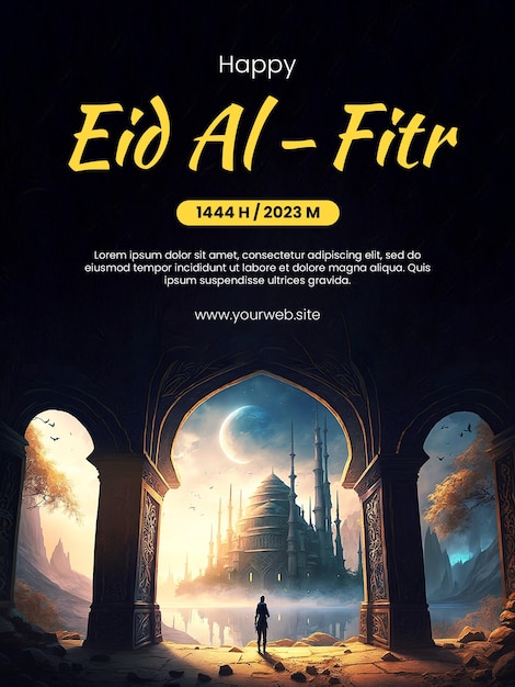 Szczęśliwy plakat Eid AlFitr z tłem, na którym ktoś widzi wspaniały meczet