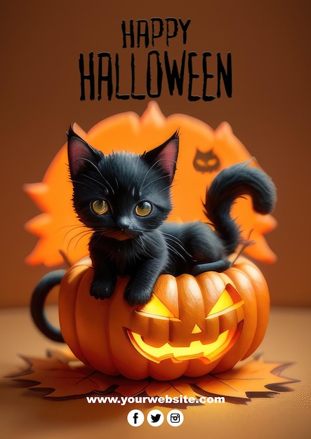 Szczęśliwy Plakat Halloween Diabeł Kot Z Dyniami Edytowalny Psd Do Twojego Plakatu