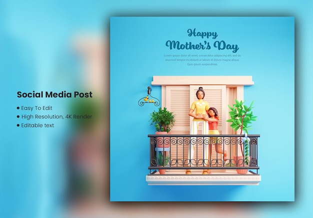 Szczęśliwy Projekt Plakatu Na Dzień Matki Z Młodą Kobietą 3d Przytulającą Córkę I Doniczki Na Balkonie Na Niebieskim Tle